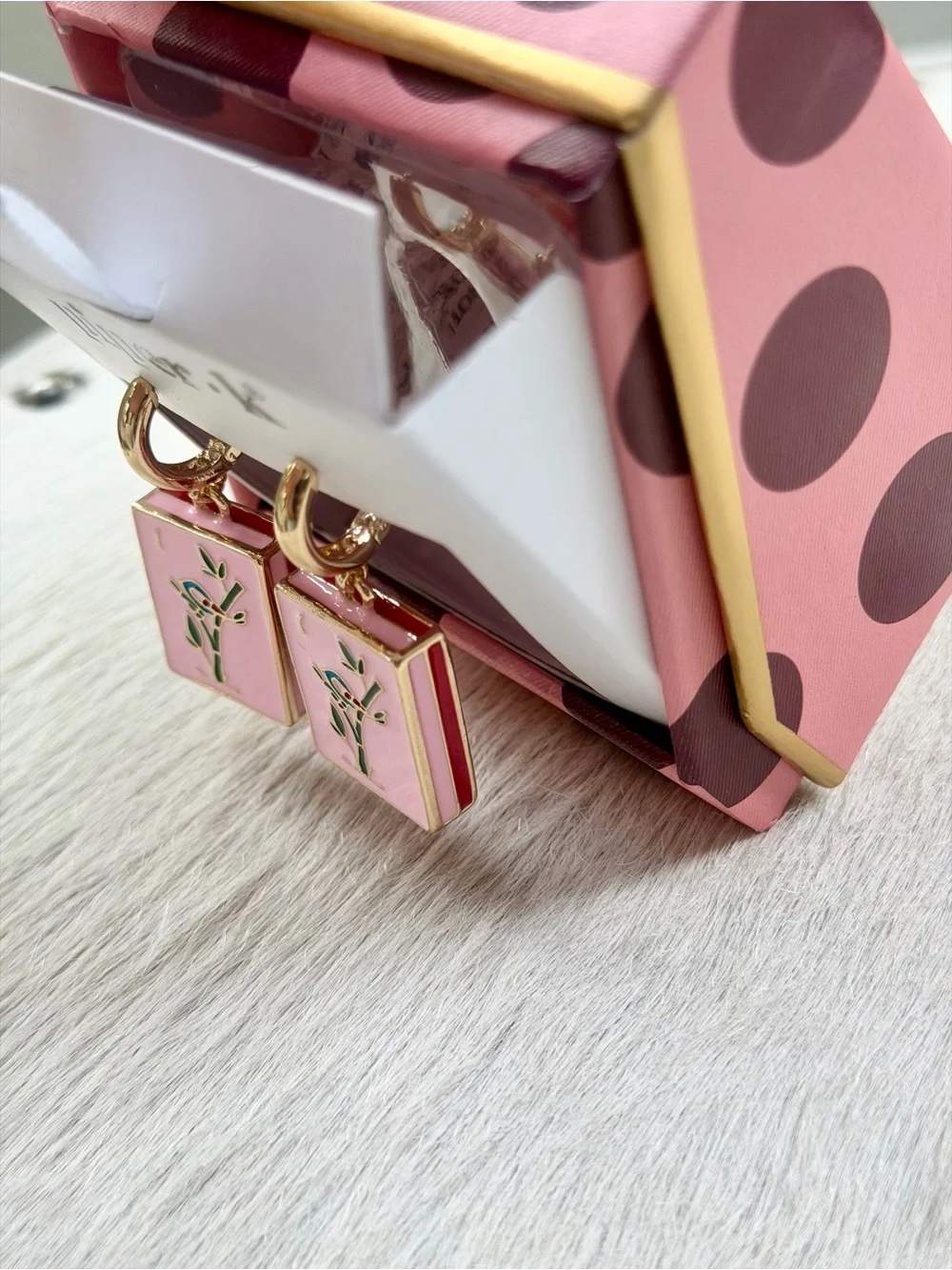 Piper K Mahjong Tile Huggie Drop Earrings Pink Enamel Gold Nickel Free Twee NIB